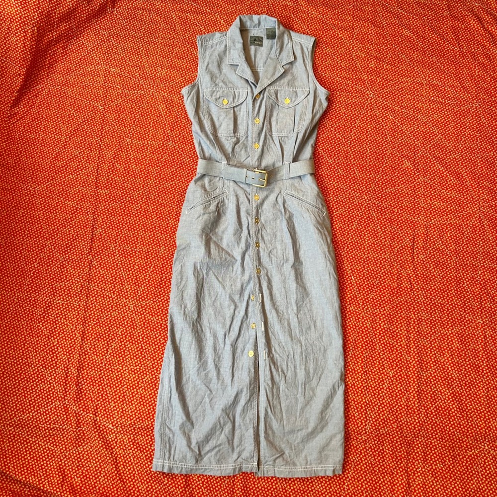 Liz Claiborne Vintage 90s does 50s Blue Chambray Sleeveless Belted Dress Size 6